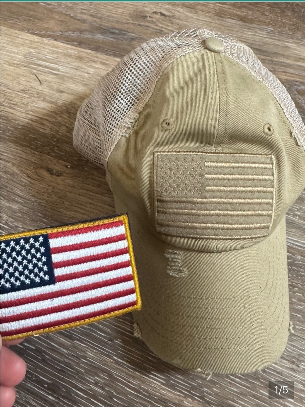 Khaki Distressed Trucker Hat with Removable American Flag Patch